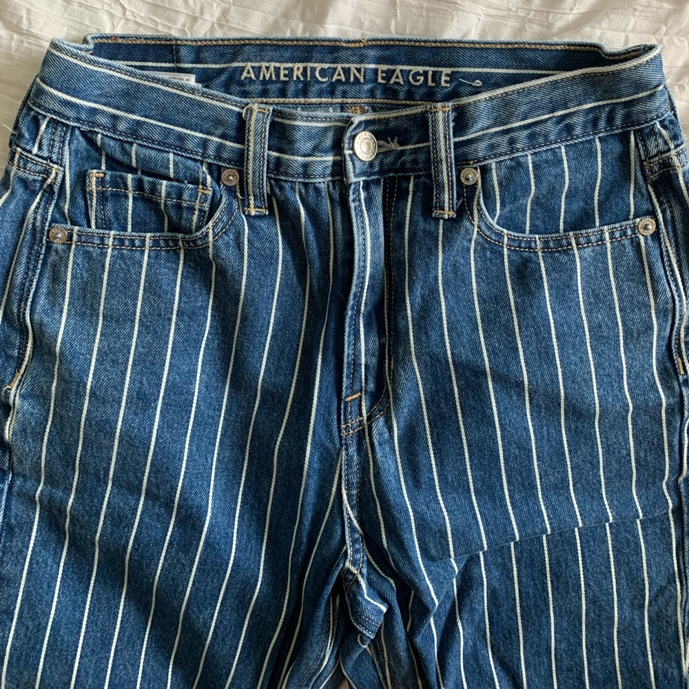 American Eagle High Waisted Striped Mom Blue Jeans